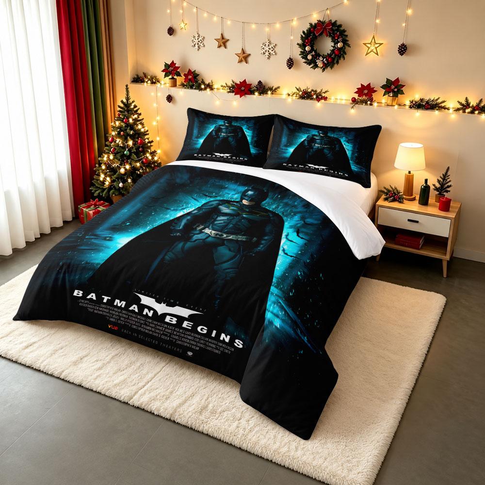Batman Begins Movie Bedding Set, Dark Blue Cave, Batman In Suit Among Bats, Origin Story Superhero Poster