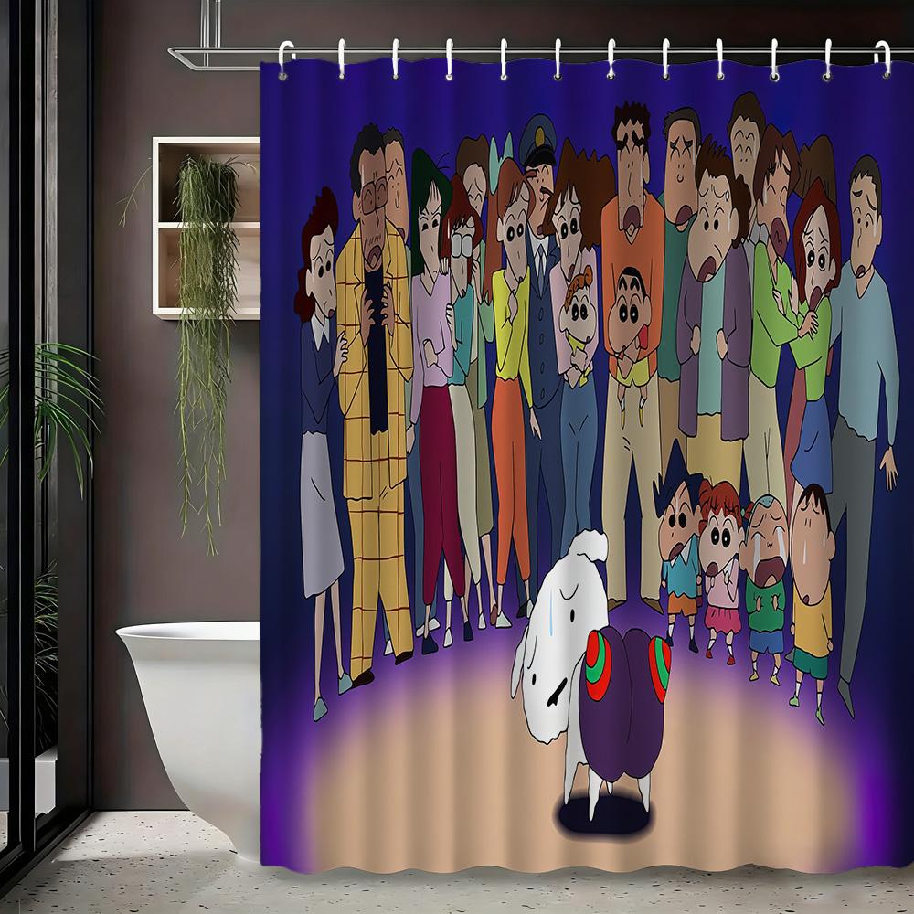 Crayon Shin-Chan & Friends School Uniform & Robot Statue Scene 2D Print Waterproof Shower Curtain, Blue & Yellow Bathroom Decor