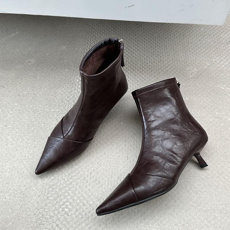 Podzimní Kotníkové kozačky z měkké kůže se špičatou špičkou Dámská móda Zipy Silné podpatky Boty Streetový styl Mordern Krátké Botas Mujer
