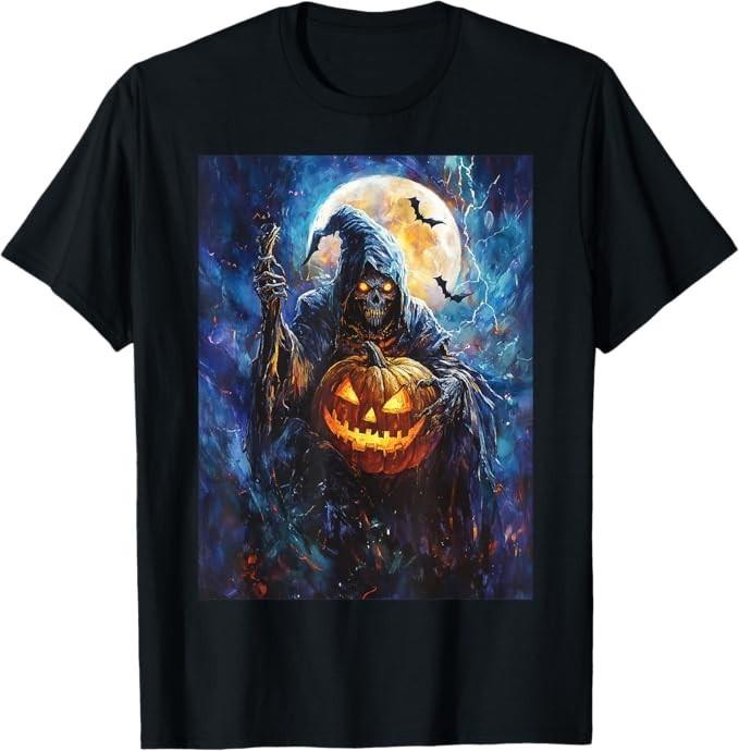 

Halloween Spooky Pumpkin Design Scary Grim Reaper Halloween T-Shirt L