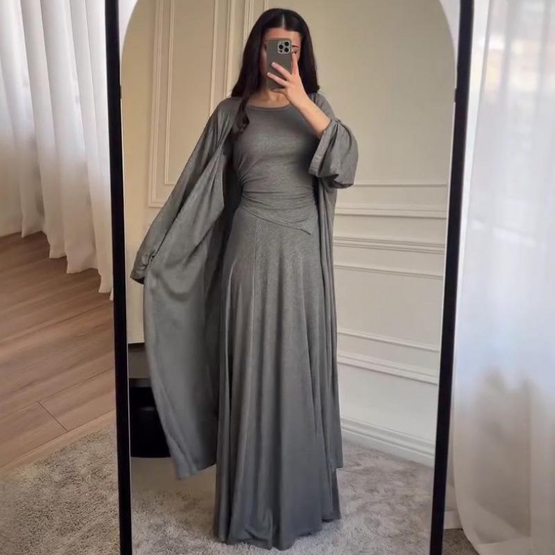 2025 Autumn Versatile Headscarf, Short Sleeve, Midi Skirt Three-piece Set