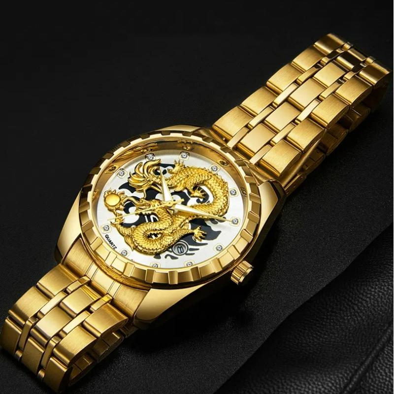 WLISTH Módní zlaté hodinky s drakem Pánské Luxusní Nerezová ocel Business Casual Křemenné Náramkové hodinky Datum Pánské Náramkové hodinky