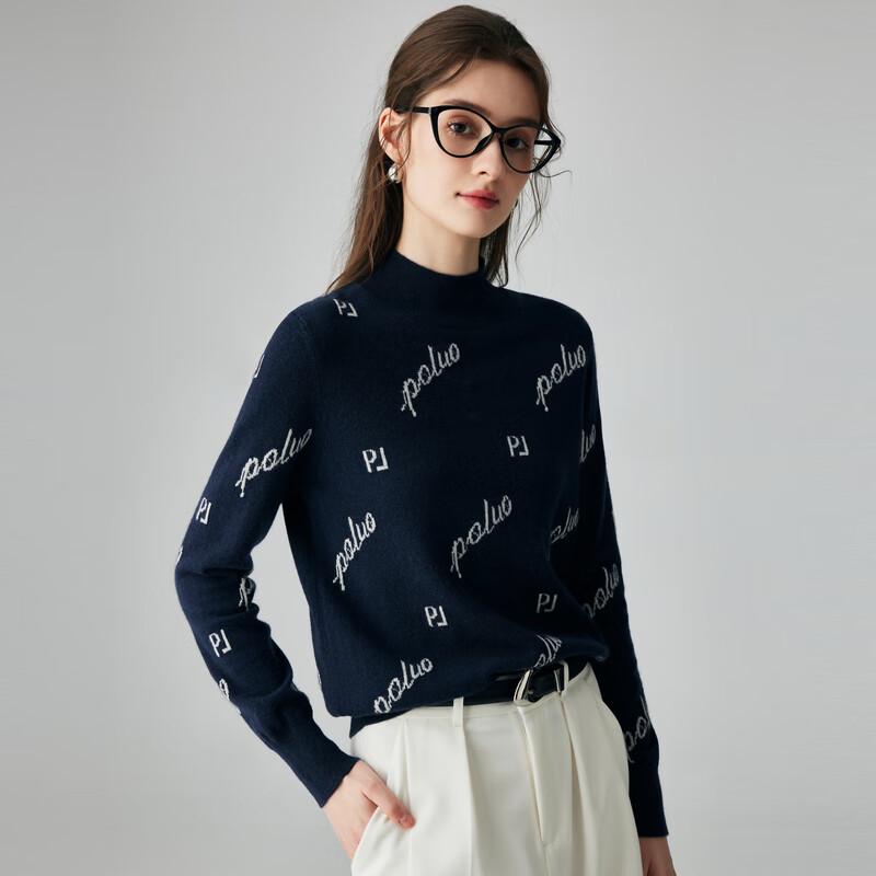 PALUO Women's 100% Cashmere Letter Jacquard Half-Turtleneck Sweater