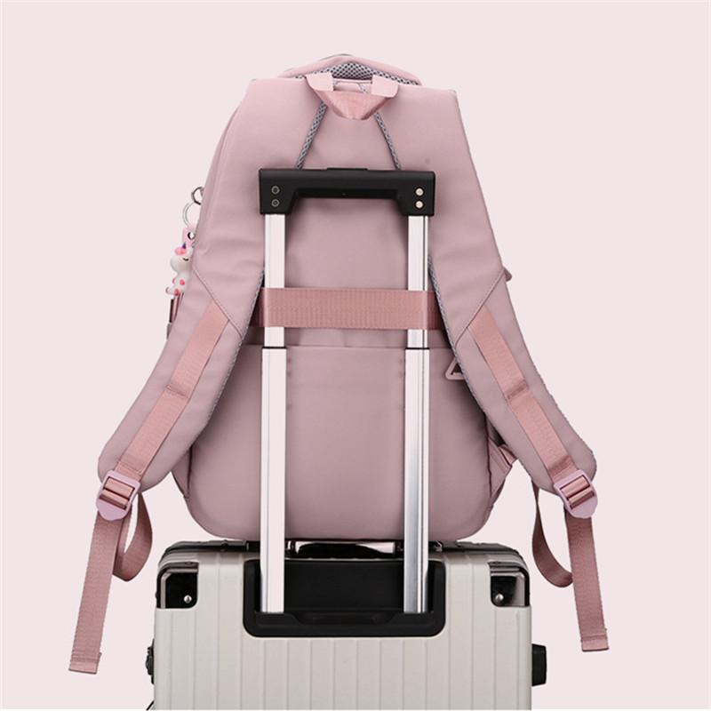 Girls School Bag With Pendant Nylon Backpack Travel Rucksack Multi Pockets Waterproof Casual Simple Style Schoolbag For Teenager
