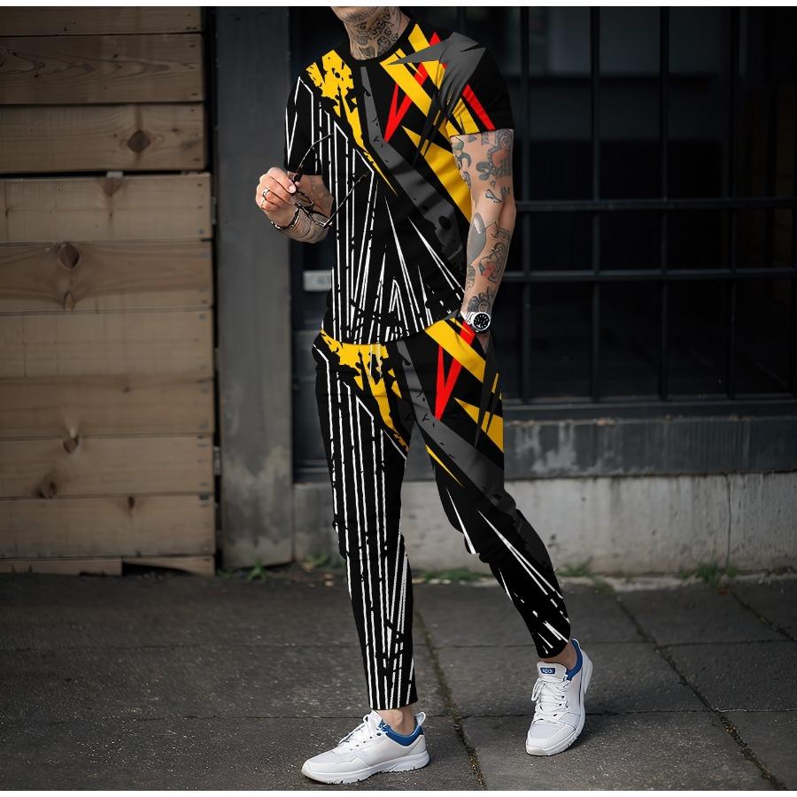 Color Graffiti Blending 3D Print Men Sportswear Set Short-Sleeved T Shirt Pants 2-Piece Set Oversized Pullover Men Clothing