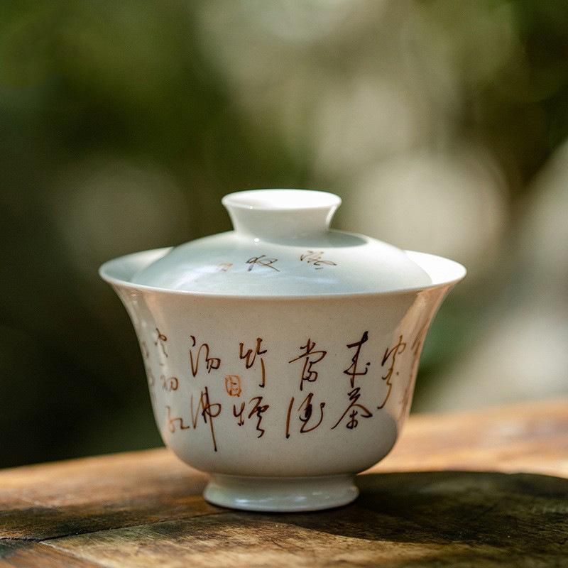 Hand-painted Poems Ceramic Tureen Chinese Kung Fu Tea Brewing Bowl Teaware Master Cup Teacups Japanese Retro Tea Covered Bowls