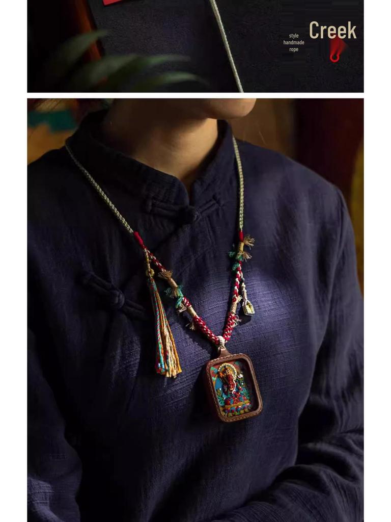 Tibetan Eight Treasures Compass Pendant Necklace with Braided Rope Amulet