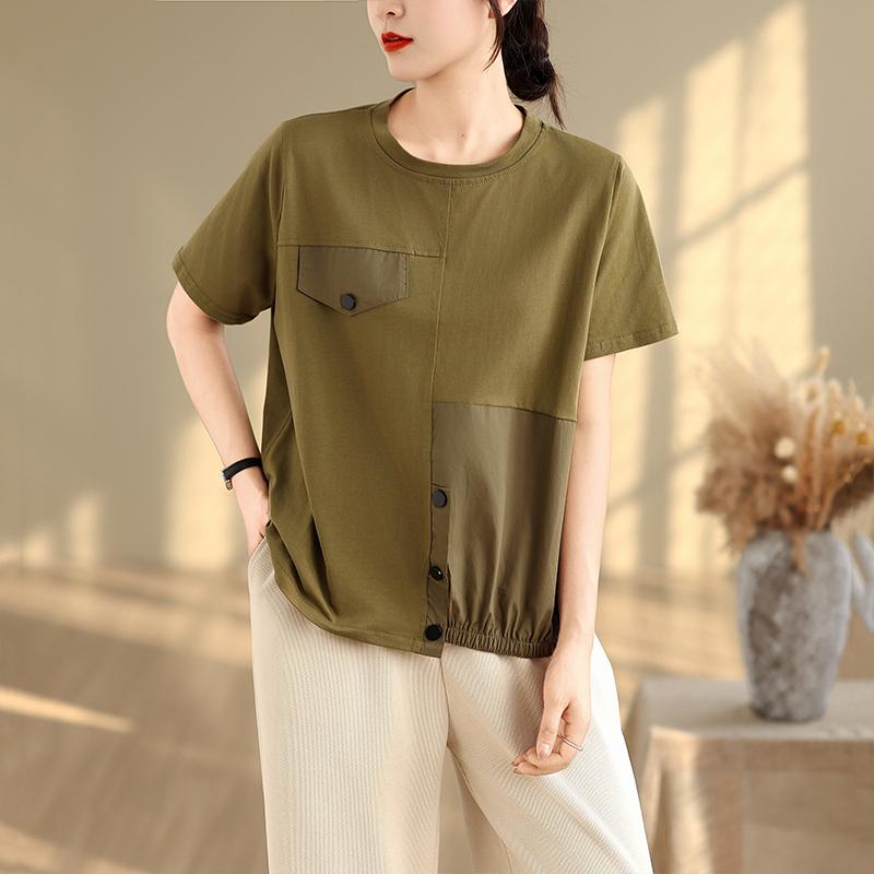DIMANAF 2025 New Summer Plus Size T-Shirt Women Short Sleeve Buttons Vintage Loose Tops Tees Maxi