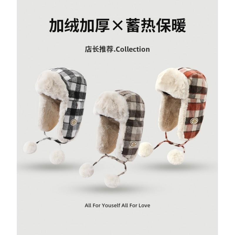 Warm Fleece Lined Winter Beanie Hat With Ear Flaps Classic Plaid Metal Pom Unisex Outdoor Cap