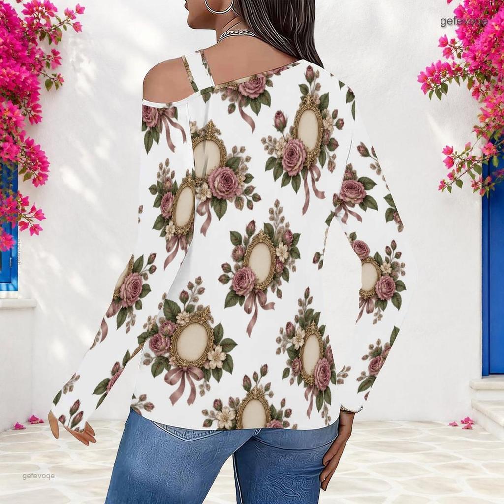 Women Plus Size White Floral Printed Asymmetric Cutout Neck Cold Shoulder Long Sleeve Fitted Top
