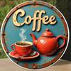 Vintage Kettle and Mug Metal Poster 8 Inch Round Aluminum Wall Art for Kitchen Cafe Bar Decor