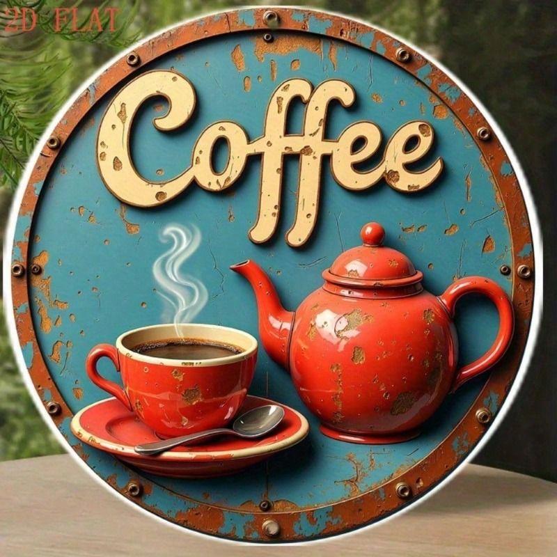 Vintage Kettle and Mug Metal Poster 8 Inch Round Aluminum Wall Art for Kitchen Cafe Bar Decor