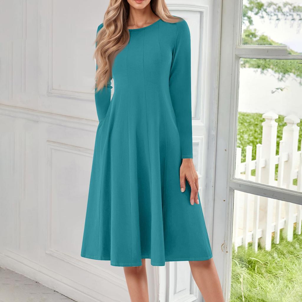 Damen Freizeitmode Rundhals Langarm Farbe Midi Kleid