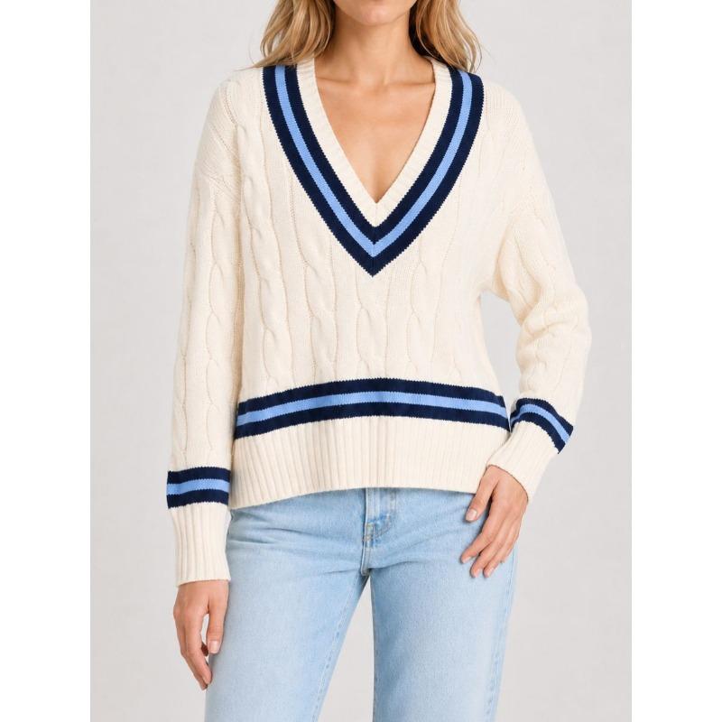 Women S Vintage College Style V Neck Twist Knit Loose Long Sleeve Pullover Sweater
