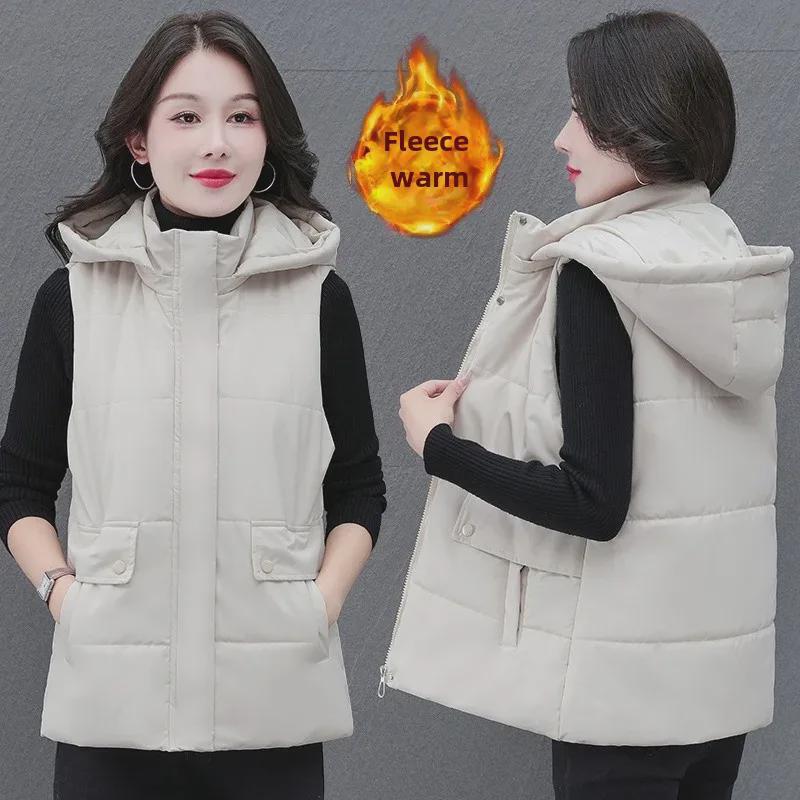 Dámská teplá vesta z jehněčí kůže a sametu s kapucí - Odnímatelná, silná bunda z prachového peří a bavlny na podzim a zimu, ideální pro matky středního věku