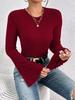 Red Crew Neck Bell Sleeve T-Shirt for Women Autumn Winter Elegant Commute Versatile Top