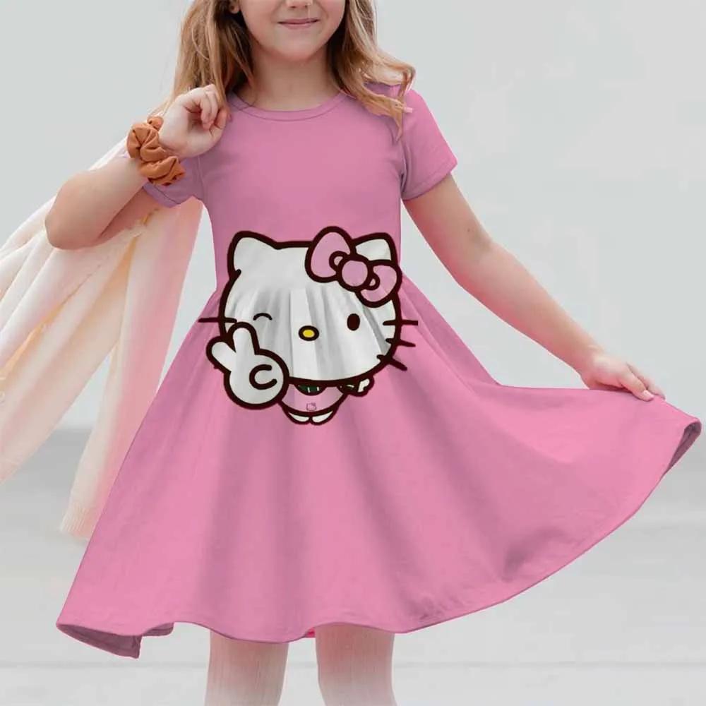 New Summer Dress Fashion Cartoon Cute Hello Kitty 3D Print Dresses Kids Short Sleeve Princess Girls Party Children Clothes