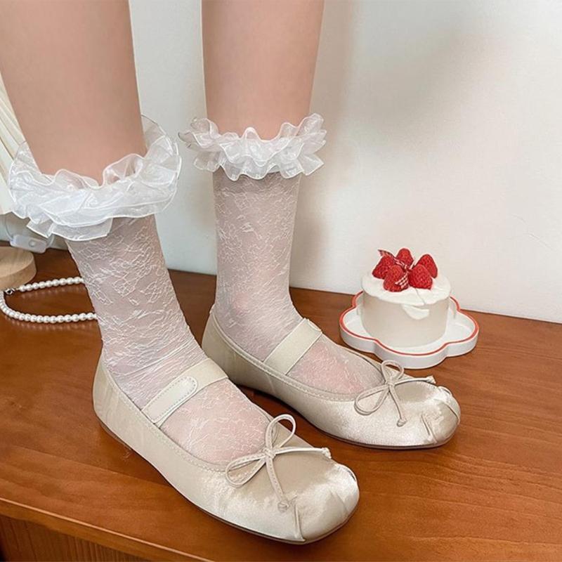 Womens Ruffle Socks Cute Lolitas Crew Socks Frilly Dress Socks Girls Turn-Cuffs High Ankle Socks Sheer Lace Mesh Socks