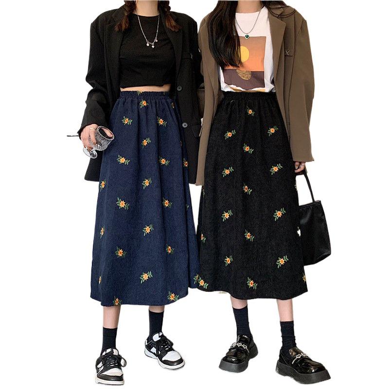 Corduroy A-line Midi Skirt - High Waist, Floral Spring/Autumn Style for Women