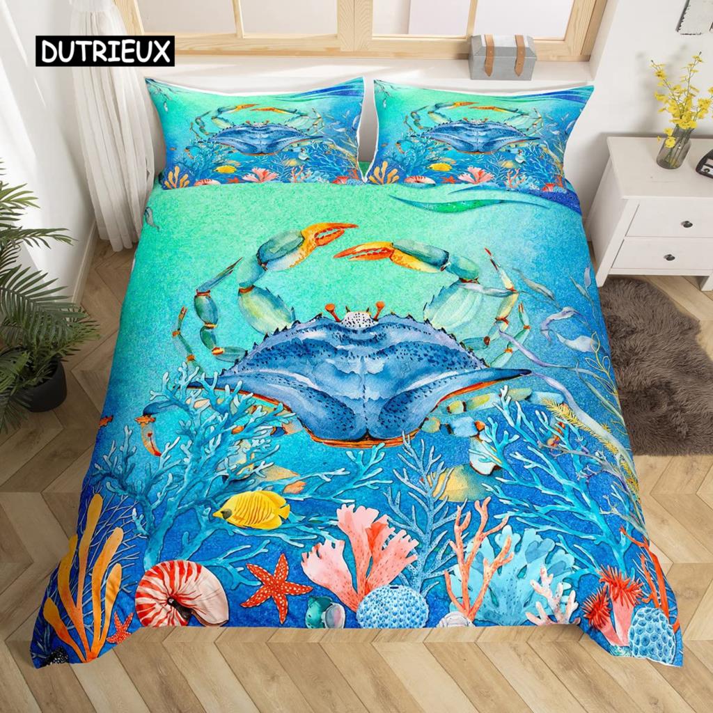 3D Octopus Sea Turtle Duvet Cover Retro Sailboat Crab Reptile Bedding Set Marine Mediterranean Style Jellyfish Comforter Cover