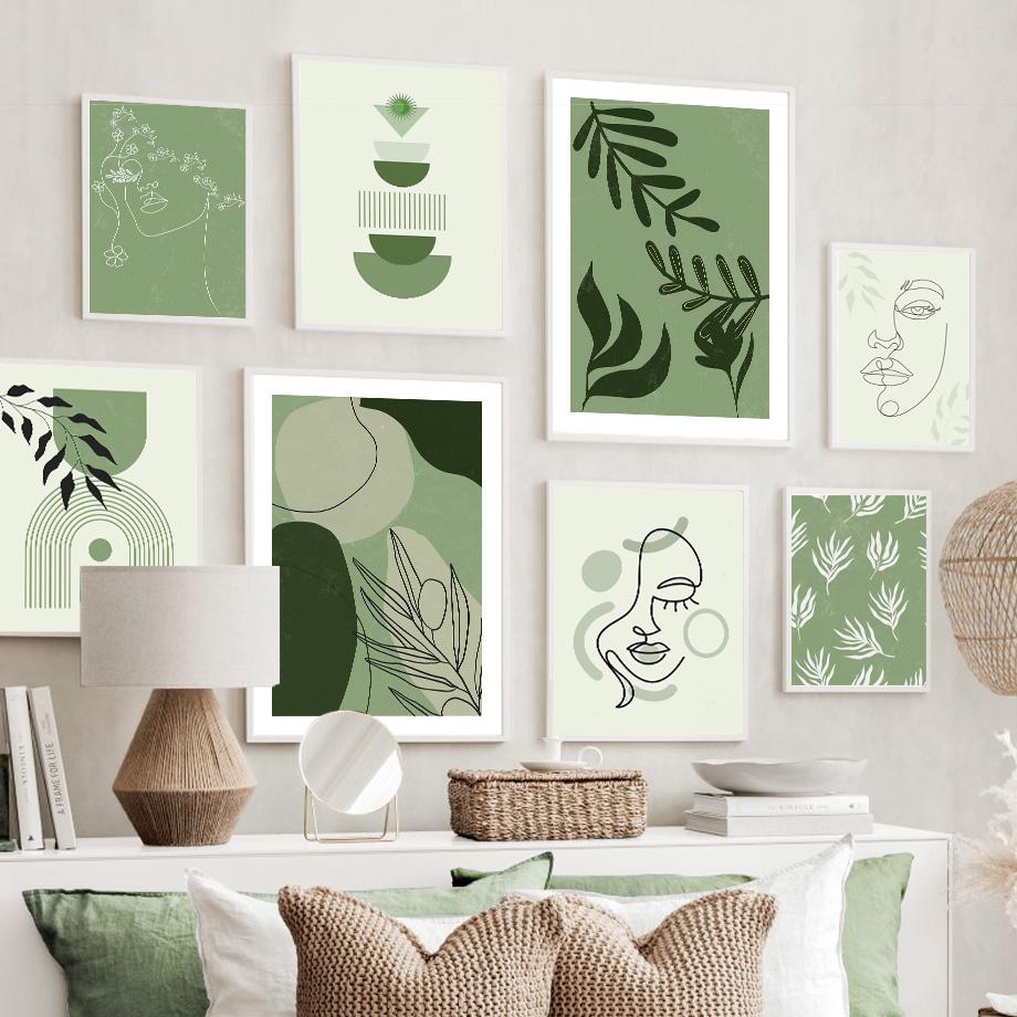 Geometric Green Woman Portrait Lines Plants Leaf Posters Prints Canvas Painting Wall Art Pictures For Living Room Home Decor