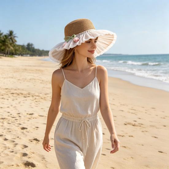 Sun Hat Breathable Large Brim Design Sun Protection Hat Lace Bow Decoration French Style Straw Hat Headwear