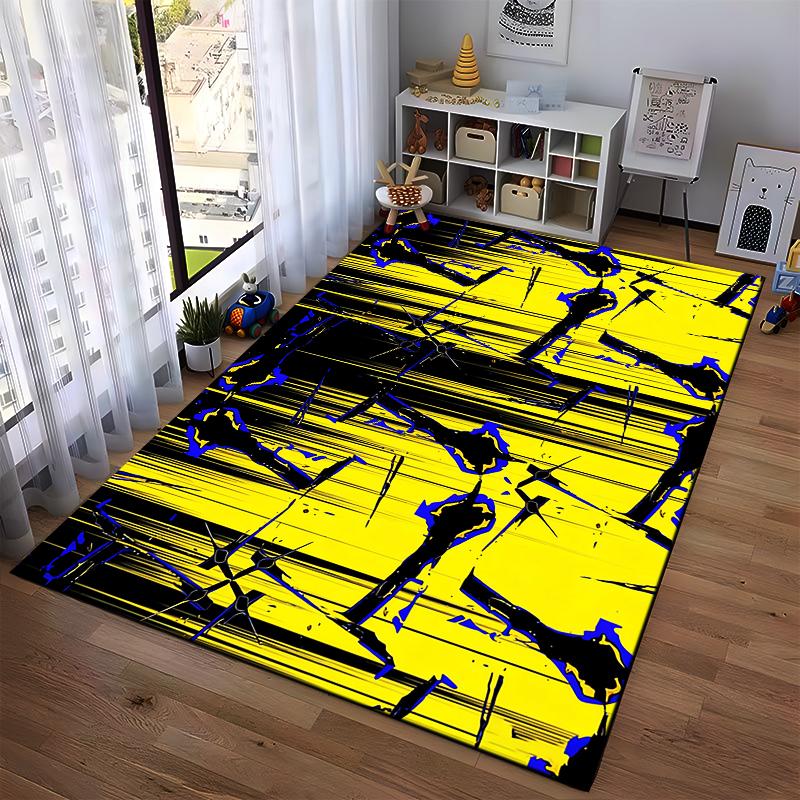 Abstract Yellow and Black Modern Area Rug with Blue Accents Suitable for use as an anti-slip for living room bedroom sofas