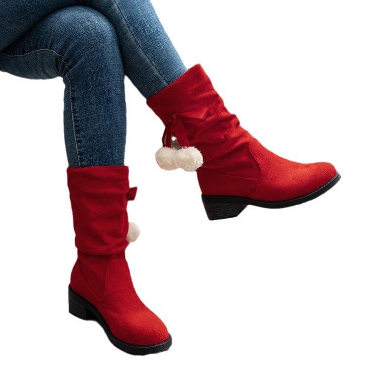 Faux Suede Slouchy Mid Calf Boots for Women Wide Calf Pull On Chunky Block Heel Boots Women's Comfortable Round Toe Fall Winter Low Heel Booties Shoes