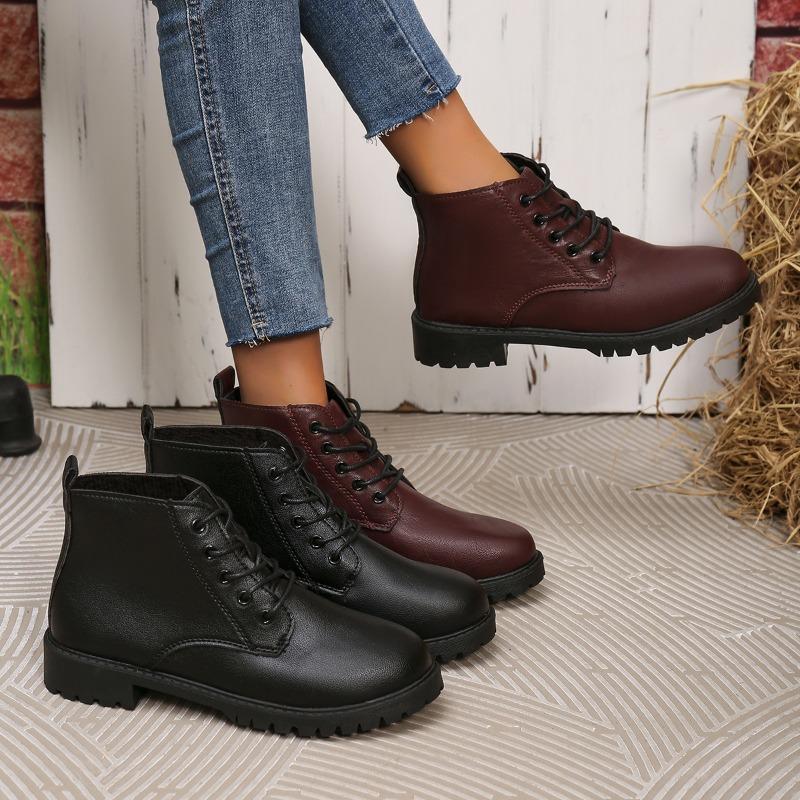 Moda Damskie Buty Jesień Antypoślizgowe Wodoodporne Wysokie Czarne Sznurowane Casualowe Skórzane Buty Platformowe Botki Trend Modowy Buty Motocyklowe