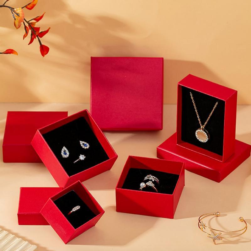 Red Jewelry Box With Cotton Pad Paper Jewelry Case Travel Portable Ring Earrings Necklace Gifts Packageing Storage Boxes
