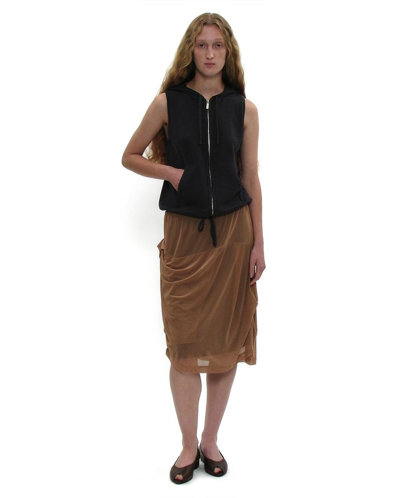 Partimento Woman Mesh Combination Drape Midi Skirt_Sand
