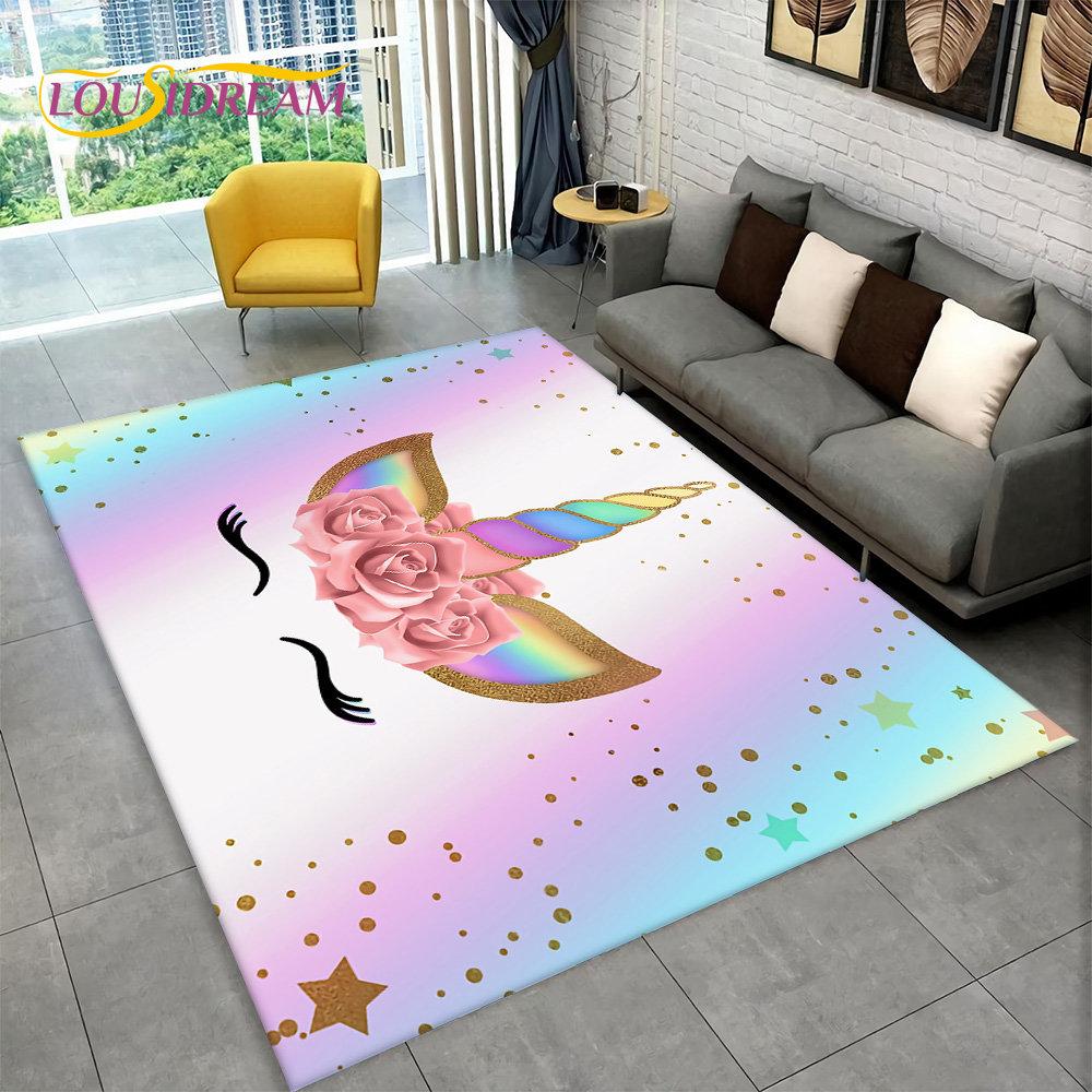 3D Cartoon Eenhoorn Dier Gebied Tapijt, Tapijt Tapijt voor Woonkamer Kinderkamer Bank Deurmat Decor, Kids Paly Antislip Vloermat