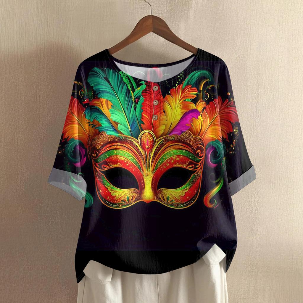 Women's Carnival Printed Casual Mid Sleeve Round Neck Cotton And Hemp Top