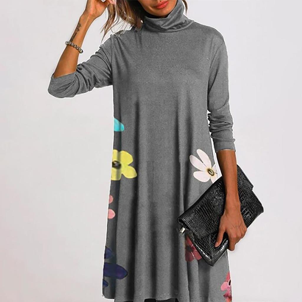 Ladies Fashion Print Half High Neck Long  Sleeve  Loose Straight  Dress