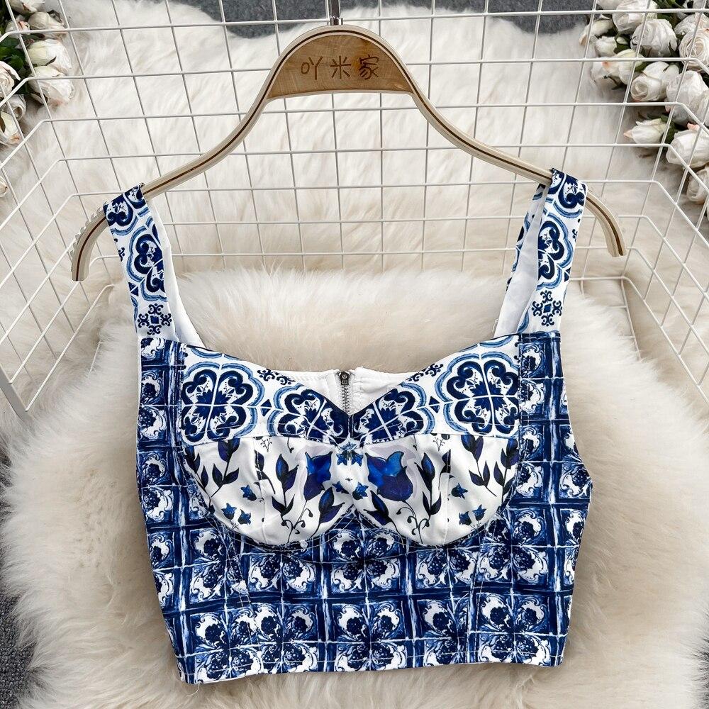 Fashionable Suit Female Casual Celadon Print Concord Vest + High Waist Shows Thin Big Set Skirt Two Pieces