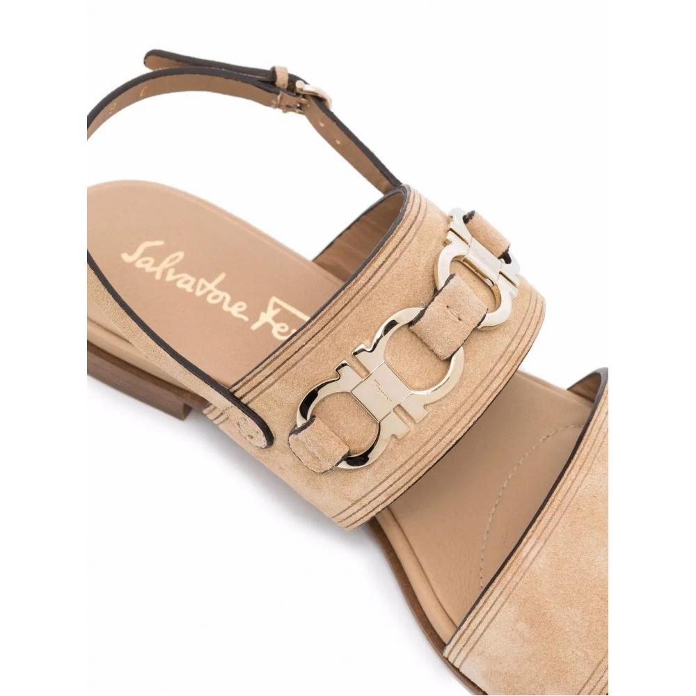 Salvatore Ferragamo Ferragamo Gancini Plaque Suede Sandals Neutrals