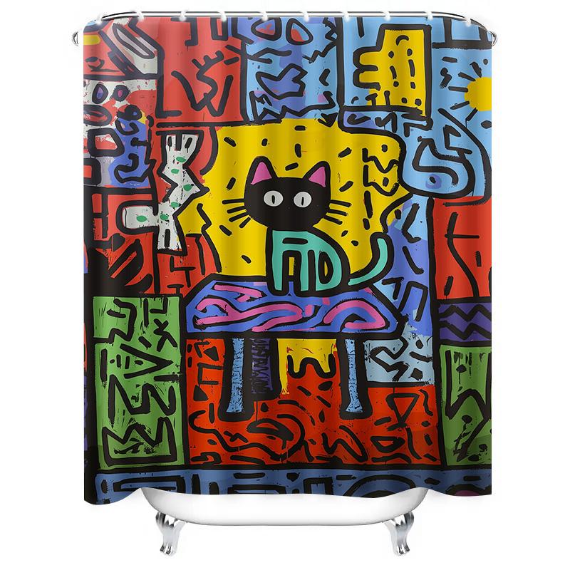 Brightly Colored Graffiti Shower Curtain Featuring Abstract Cat Design Modern Bathroom Decor For Home Bath Remodels