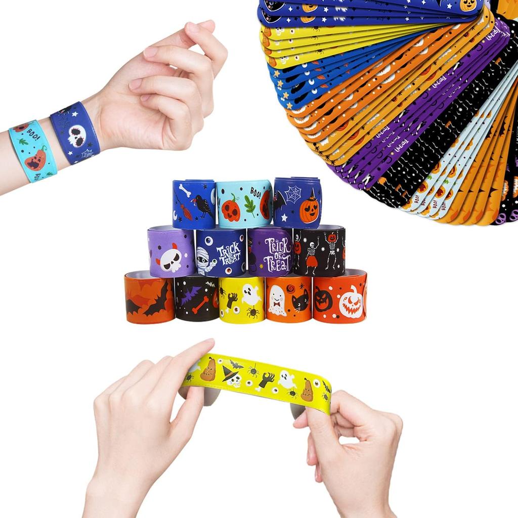 CCINEE 48pcs Halloween Slap Bracelets,Kids Snap Bracelet Wristbands with Assorted Bulk Pumpkin Zombie Skull Ghost Witches for Trick or Treat Gift Bag