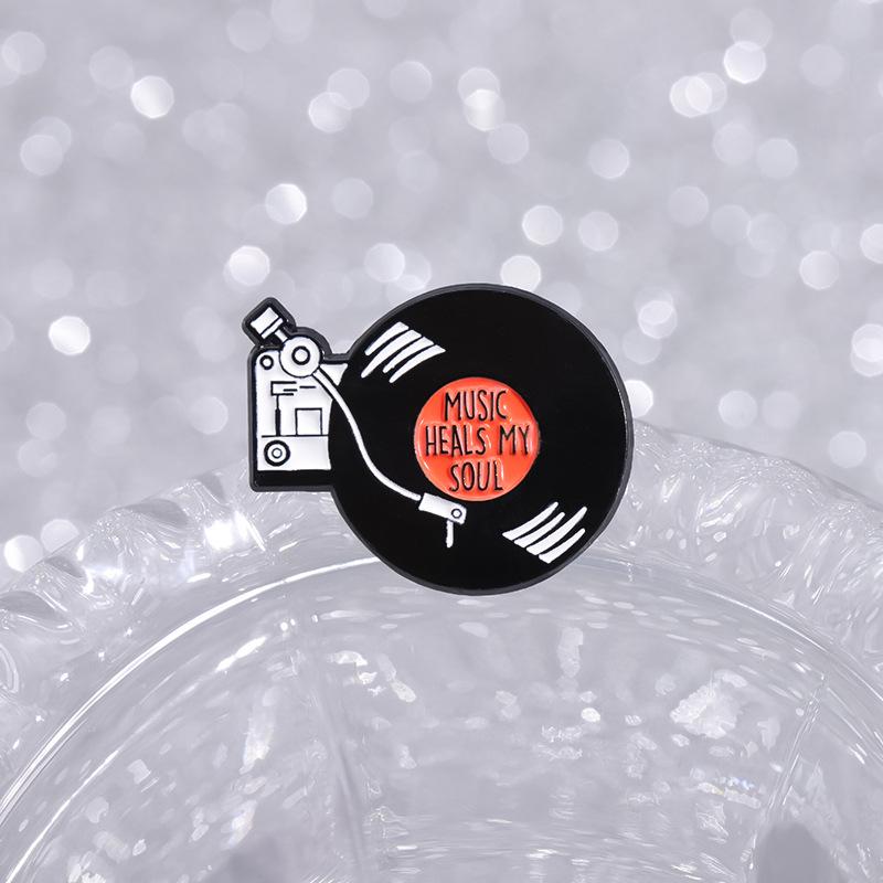 Black Vinyl Cassette Tape Geometric Brooch - Round Music Lapel Pin