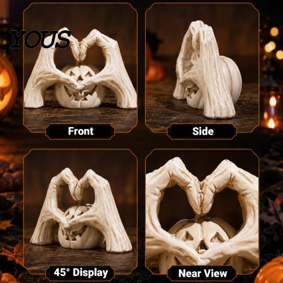 Artistic Horror Souvenir Gothic Skeleton Heart Hand Sculpture, Spooky Halloween Resin Abstract Pumpkin Statue, Figurine Shape Finger Gesture
