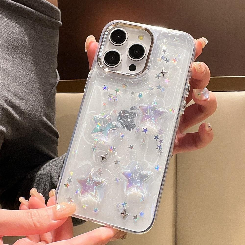 Ins Korean Gradient Star Bling Glitter Phone Case For iPhone 16 15 14 13 12 11 Pro Max Plus Shiny Clear Shockproof Cover