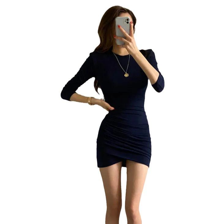 Korean Autumn/Winter Pleated Long-Sleeve Hip-Wrap Short Dress: Youthful, Elegant, Slimming Fit