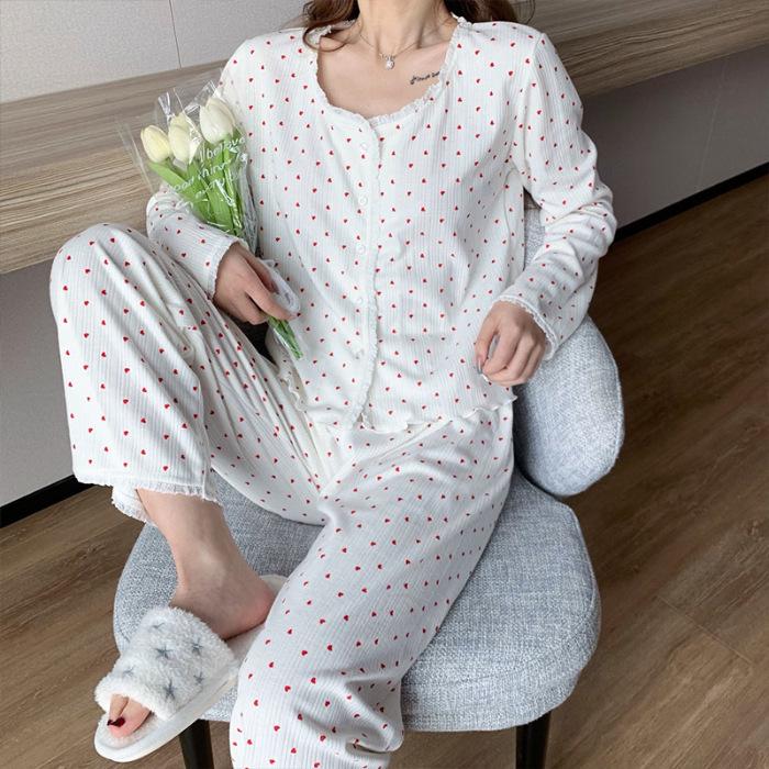 Korean Pink Lace Pajama Set - Spring/Autumn Comfort Wear for Women