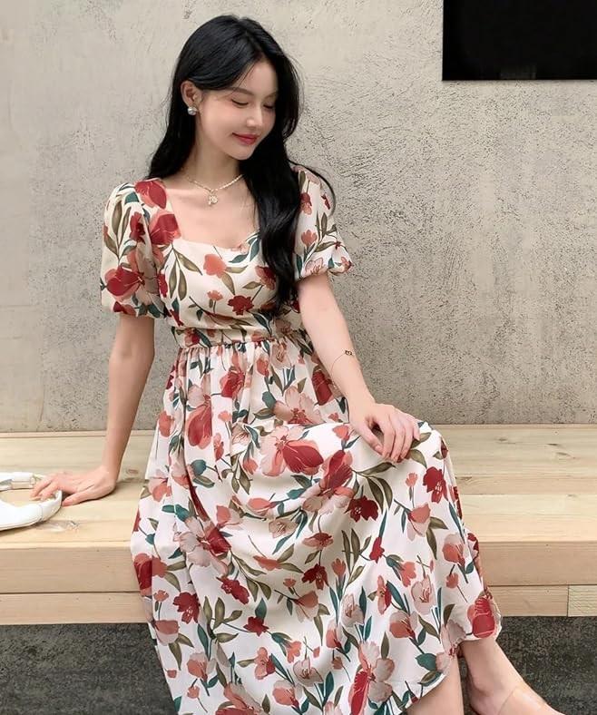 Rayon Fit and Flare Below The Knee One Piece Dresses for Women Dress Party Tunic