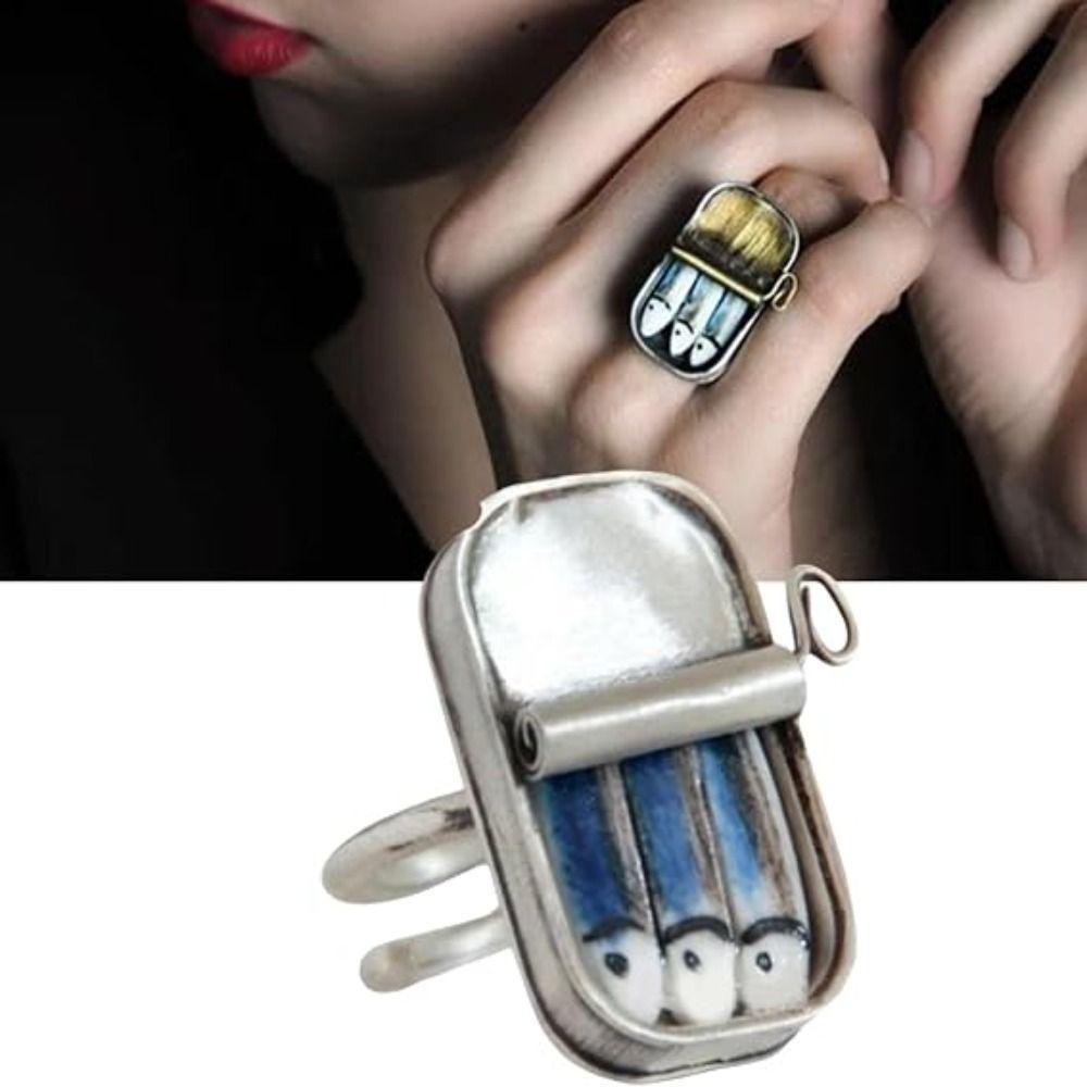 Unique Sardines Finger Ring Gold Silver Fun Rings Fashionable Sardine Can Rings  Women Men