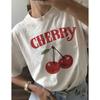 Cherry Print Women Fashion T-Shirt O-Neck Tops Tees Floral Graphic Short Sleeve Clothing Female Casual Streetwear