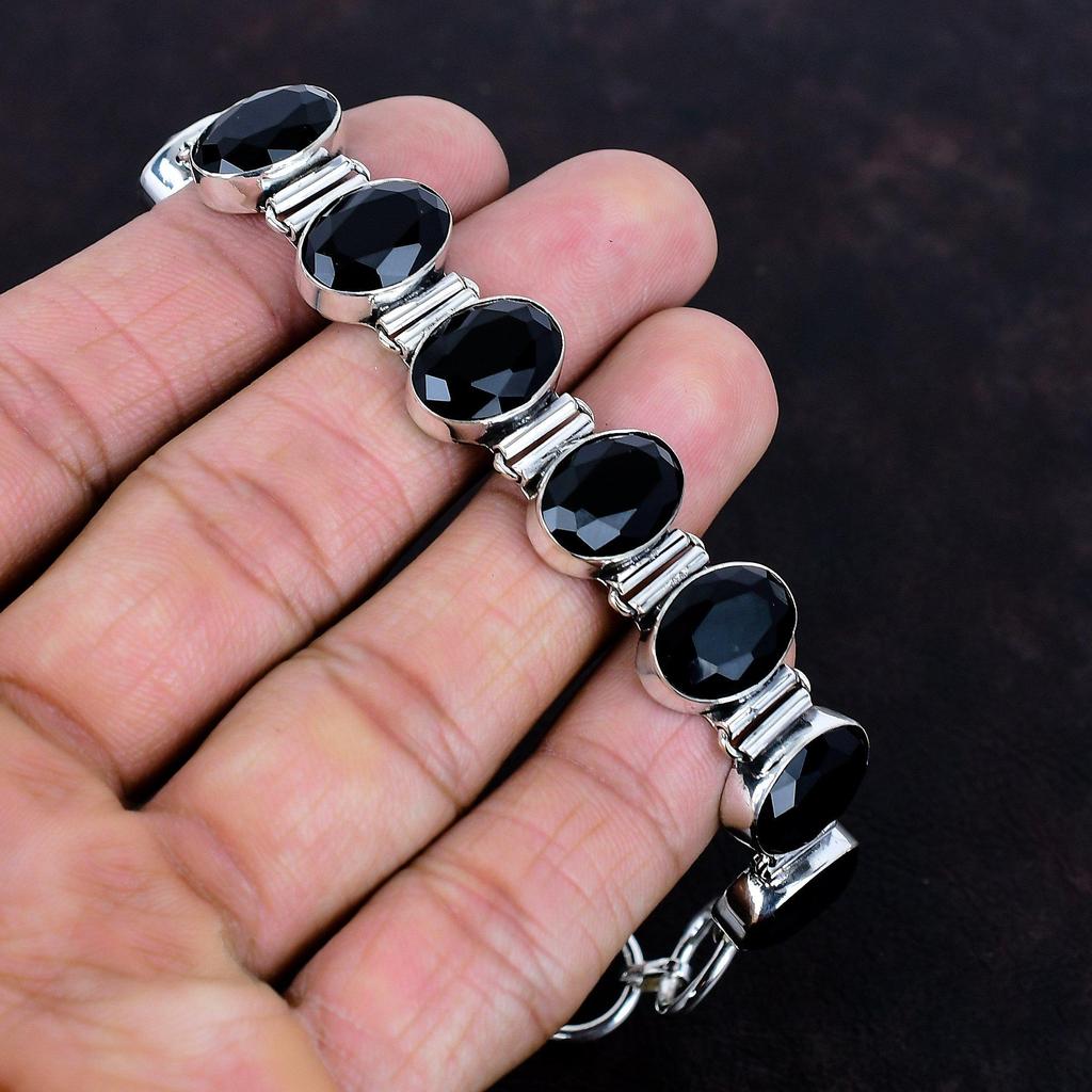 Brățară fațetată din onix negru argint sterling 925 brățară cu lanț reglabil bijuterii antice brățară cu pietre prețioase bijuterii lucrate manual cadouri pentru femei