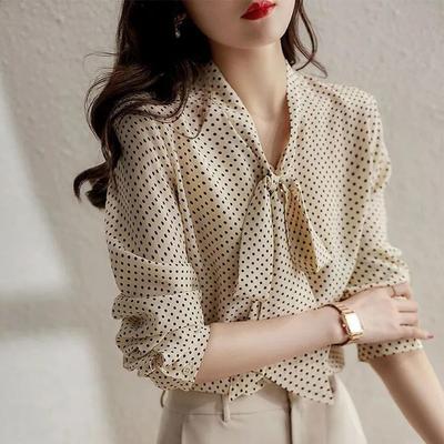Spring and Autumn Shirts Women's Polka Dot Shirt Collar Lace-up Long-sleeved One-button Cardigan Tops Fashion Trend