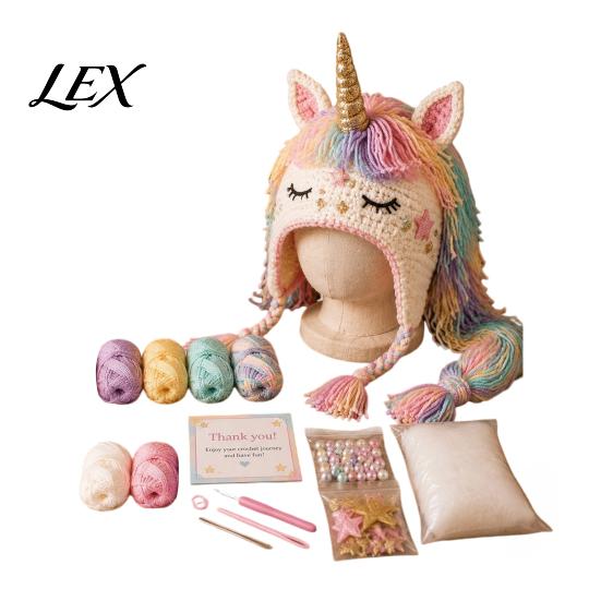 Family Craft Night Activities Animal Hat Crochet Kit, Fantasy Hood DIY Cute Ergonomic Tool Set Unicorn Fox Frog Earflap Crafting Kit for Adults Teens