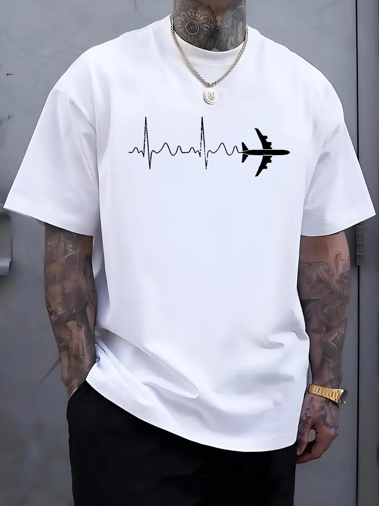 Unisex O Neck Tee Airplane Heartbeat Line Graphic Print Cotton Short Sleeve Loose Summer Breathable Daily Casual Basic Wear Top